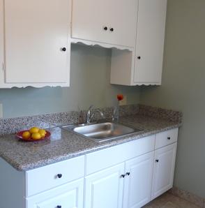 Photograph of kitchen showing white wood cabinets, grey speckled granite countertops, green/blue walls, stainless steel sink.