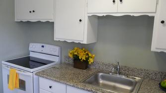photograph of kitchen showing white wood cabinets, electric glass top range, grey speckled granite countertops, green/blue walls, stainless steel sink.